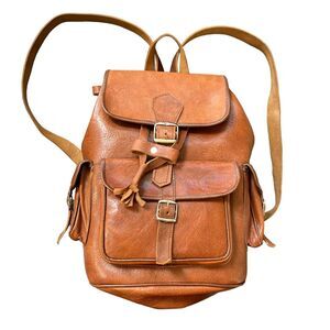Vintage Tan Leather Drawstring Backpack Rucksack Rugged Bag Brown
